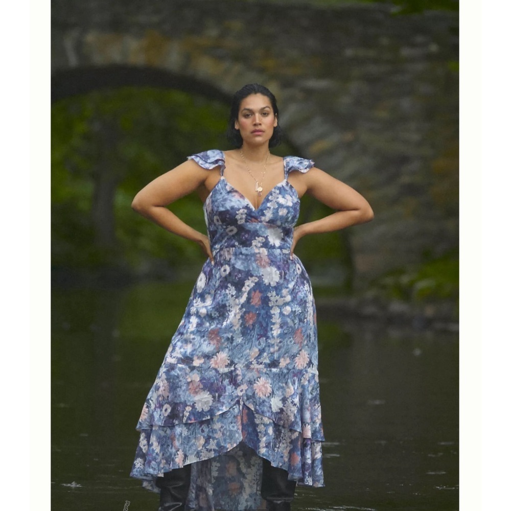 Anthropologie Blue Floral Ruffled Midi Dress